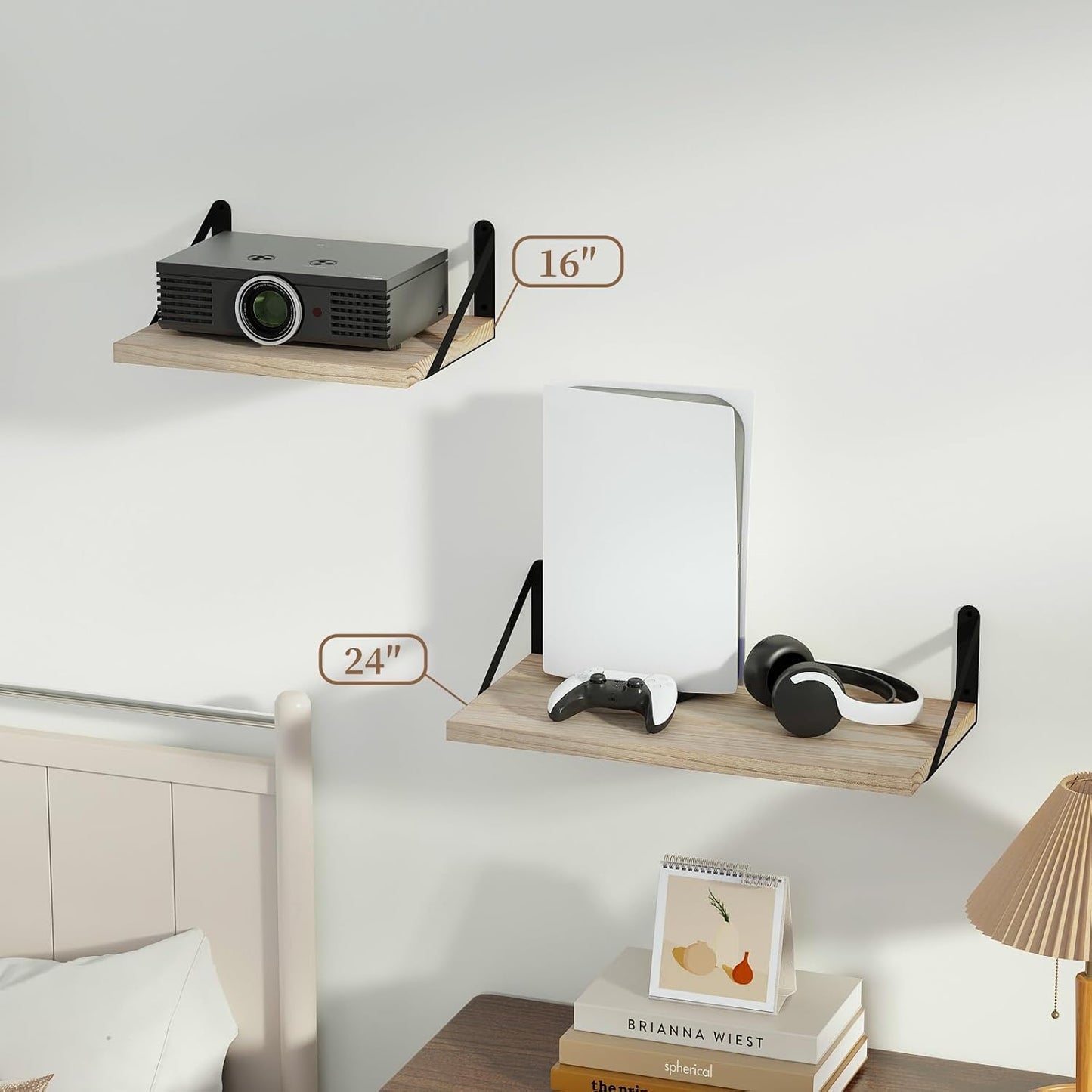 SAUMONIER Floating Shelves Bookshelf for Bedroom Bathroom Living Room Wood Wall Mounted Wide Deep Storage, Rustic Torched 24 Inch Shelves Set of 2