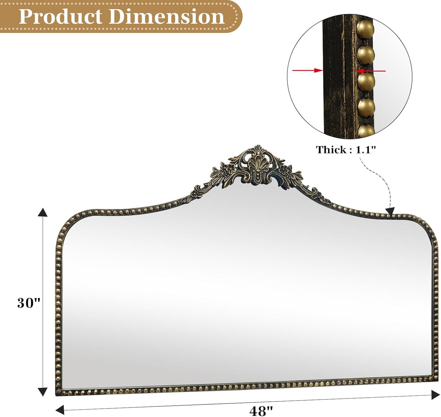 G-LEAF Vintage Baroque Mirror 48"X30", Victorian Antique Mirror with Black Brush Gold Ornate Metal Frame for Fireplace Entryway Living Room Hallway Bathroom