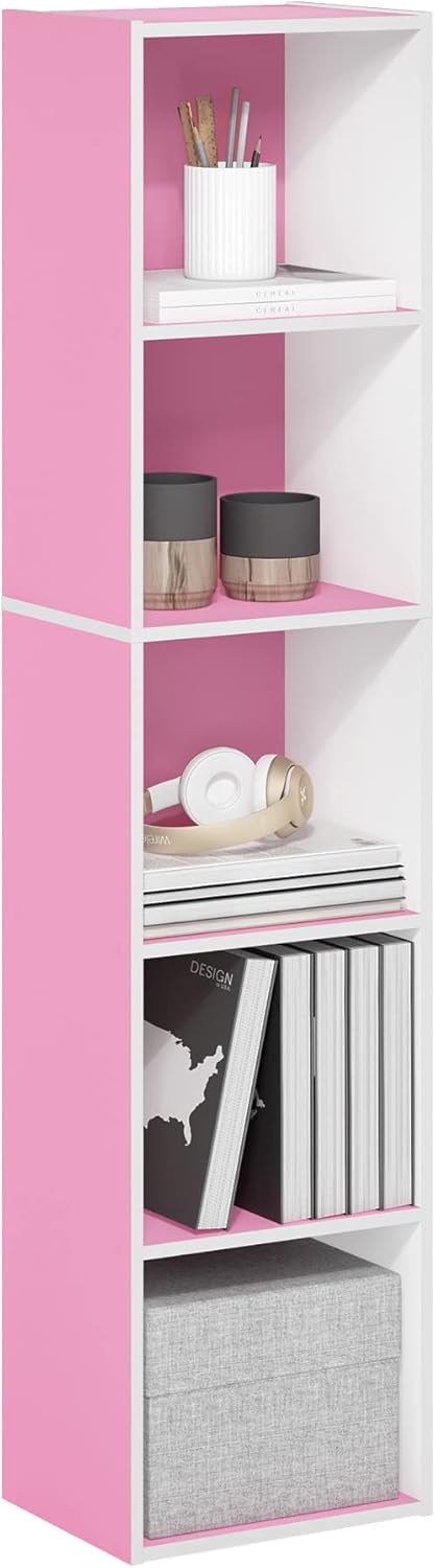Furinno Luder Bookcase / Book / Storage, 5-Tier Cube, Pink/White