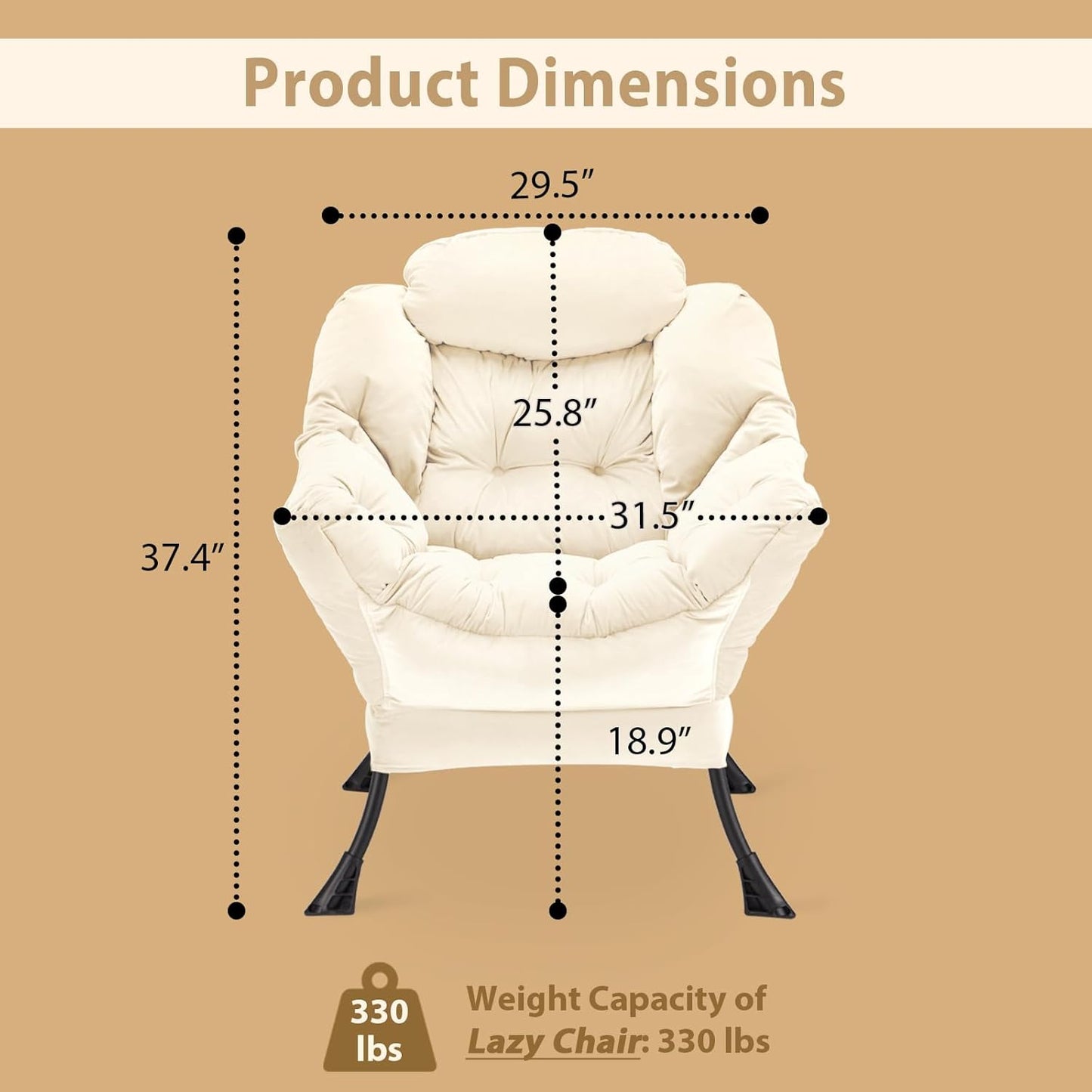 Lazy Chair Thick Padded, Comfy Velvet Accent Lounge Chair with Stable Frame, Leisure Sofa Armchair with Armrests and Side Pocket, Reading Chair for Bedroom, Living Room, Office, Beige