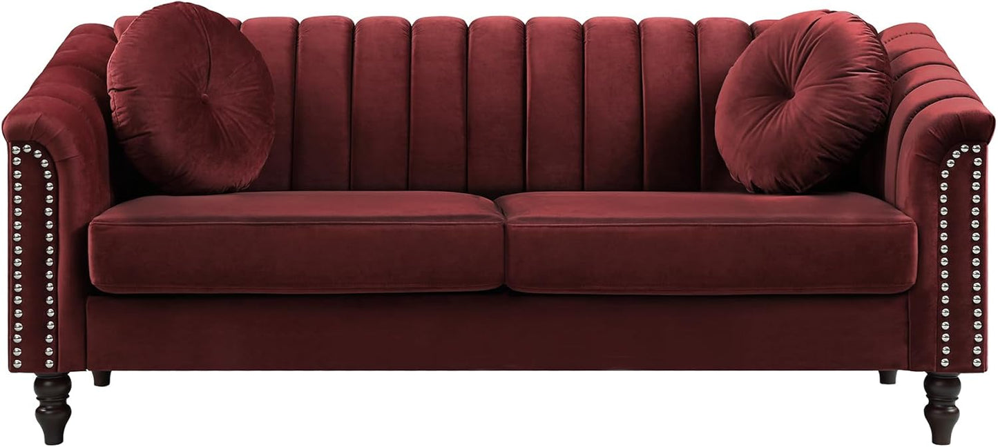 Sectional Sofa Set, Microfiber Chesterfield Upholstered Sofas Loveseat Couch Chair Sets with Style Button Tufted, Scroll Arms and Nailhead for Living Room, Office, Apartment-Red,S