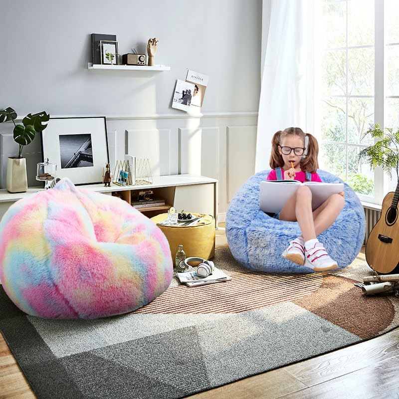 Fluffy Bean Bag Chair, 3FT Round Memory Foam Filled Bean Bag for Teens & Kids, Ultra Soft Faux Fur Fabric Bean Bag Chairs for Playroom, Living Room, Bedroom, Blue