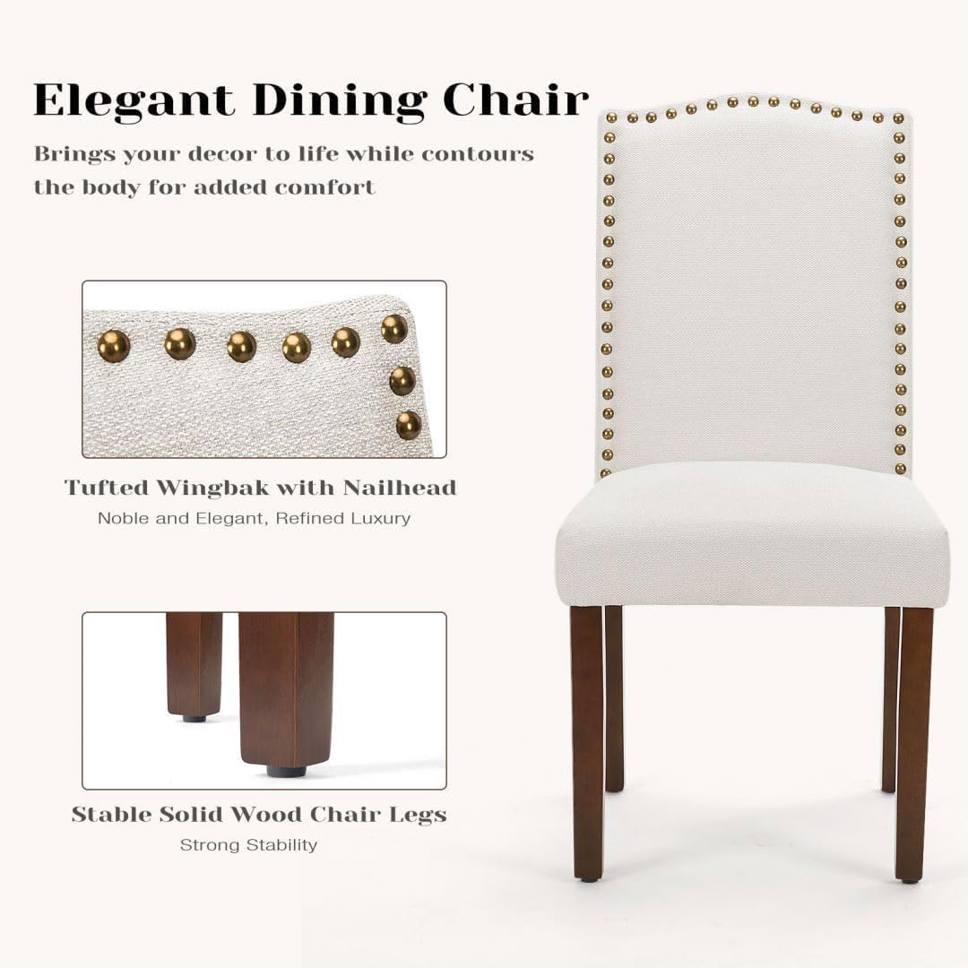 Kitchen Chairs Set of 6 Modern Upholstered Fabric Seat with Nailhead Trim and Ergonomic Lumbar Support for Living Room and Rustic Farmhouse Dining Area, Beige
