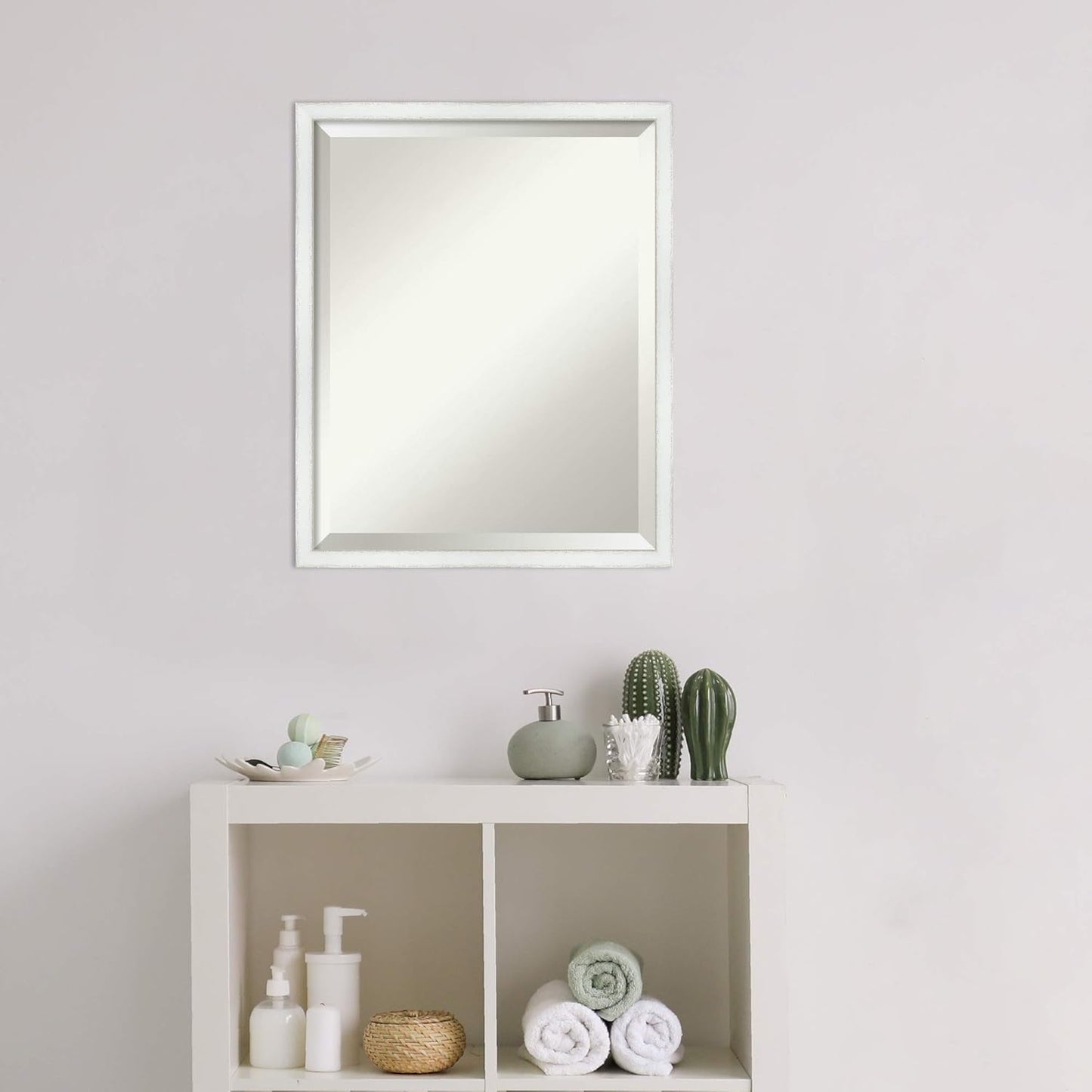 Amanti Art White Bathroom Mirror for Over Sink, 21x17 Breeze Distressed White Rectangle Vanity Mirror, Small Country Rustic Wood Frame, Hangs Horizonally and Vertically, Bathroom Wall Decor, Beveled
