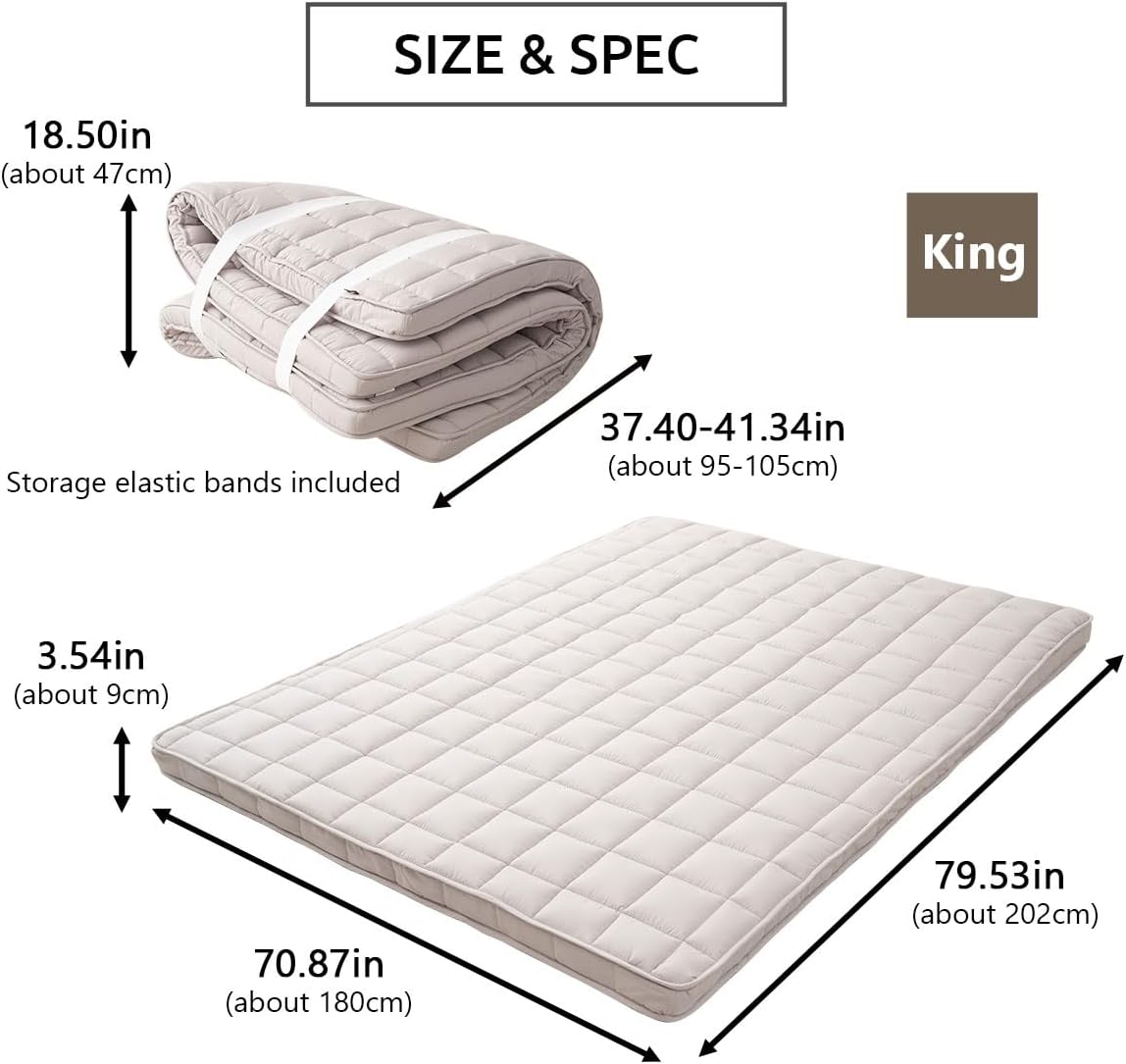 EMOOR Japanese Padded Futon Mattress Machi King Gray, Gusset Foldable Storable Elastic Bands Floor Sleeping Guest Bed Tatami Mat