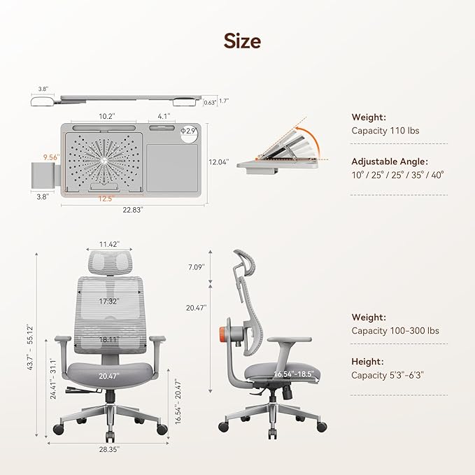 Newtral Ergonomic Office Chair with Adaptive Lumbar Support- High Back Desk Chair with Adjustable Headrest, 3D Armrest, Adjustable Seat Depth & Height, Home Office