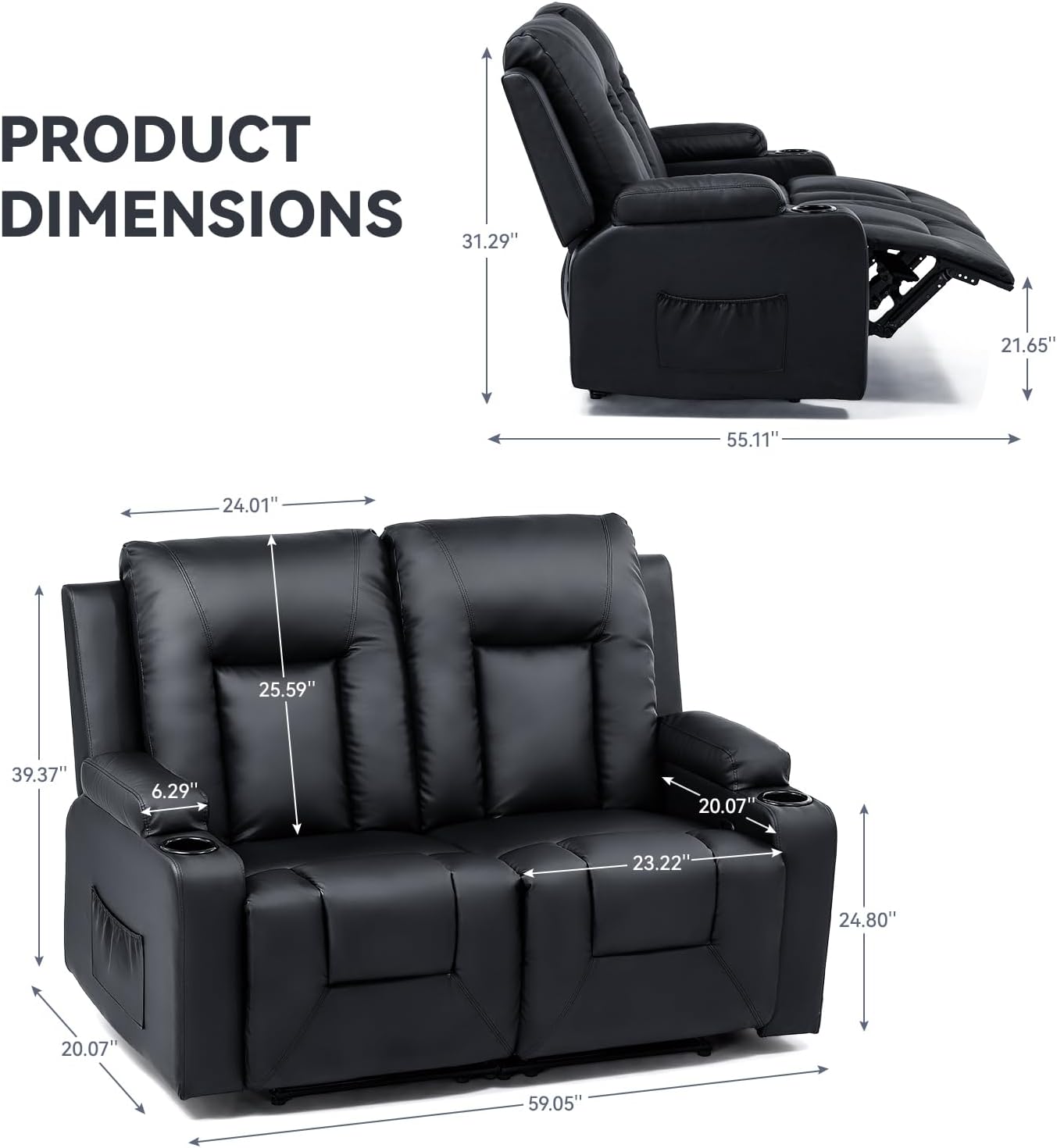 COMHOMA Living Room Furniture Set,Bonded Leather Loveseat Sofa with Massage,Cup Holder Recliner Chair,2+1,Black