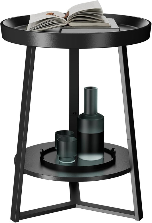 Gadroad Round End Table with Storage Shelf, 2 Tier Farmhouse Side Table Nightstand for Living Room, Bedroom, Wood Tabletop & Black Metal Frame, Black 15.7 * 15.7 * 23.0inches