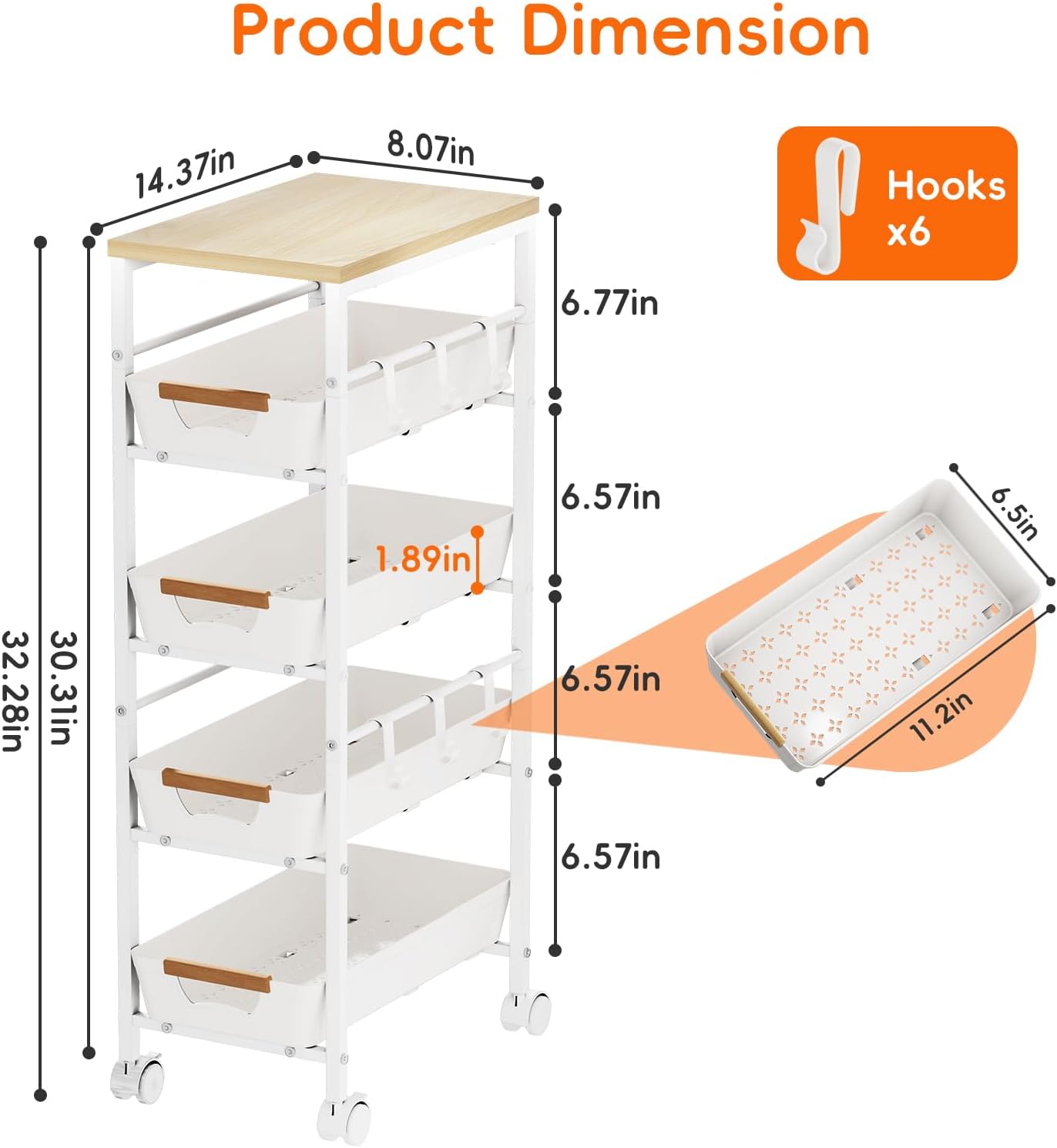 5-Tier Slim Storage Cart, Wooden Top Rolling Kitchen Cart with Pull-Out Baskets & Wheels, Narrow Space Utility Cart Slide Out Organizer for Kitchen, Bathroom, Laundry Room, White