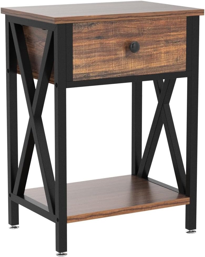 VECELO Nightstands Set of 2, Modern Bedside End Tables, Night Stands with Drawer and Storage Shelf for Living Room Bedroom, Industrial Metal Frame