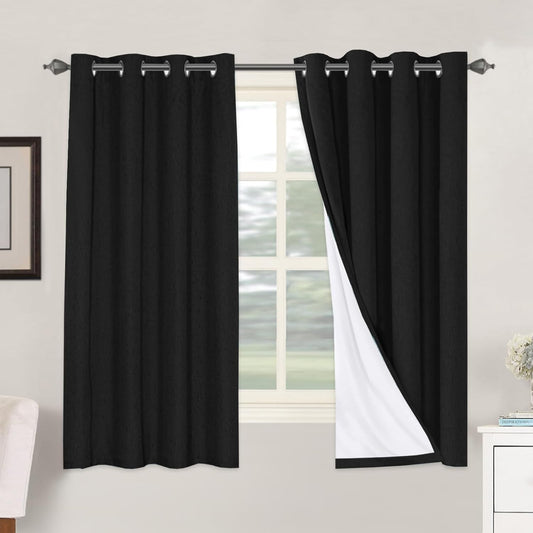 H.VERSAILTEX Linen Blackout Curtains 63 Inches Long 100% Blackout Thermal Insulated Textured Linen Look Curtain Draperies Anti-Rust Grommet, Energy Saving with White Liner, 2 Panels, Black