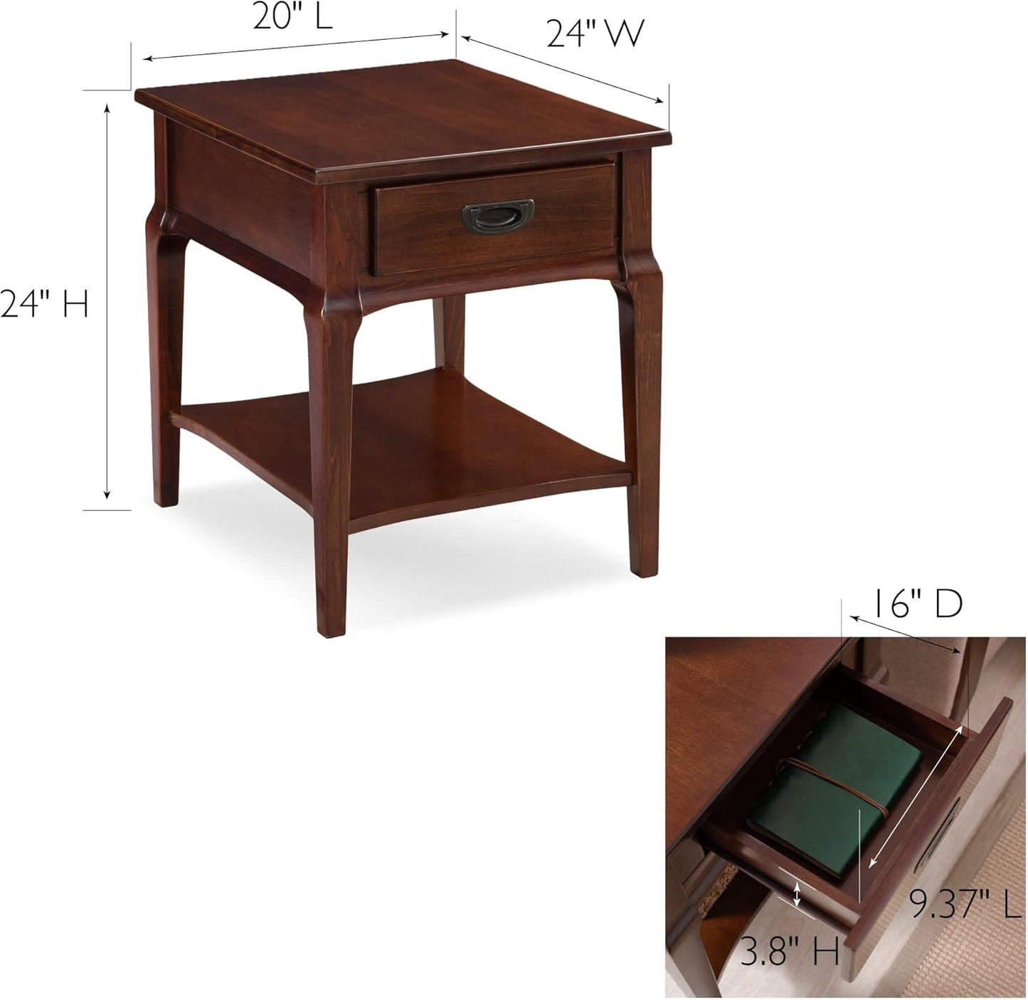 Leick Home Stratus End Table, 1 Drawer, Display Shelf, Solid Wood, 30 in x 12 in x 28 in, Heartwood Cherry, 22007