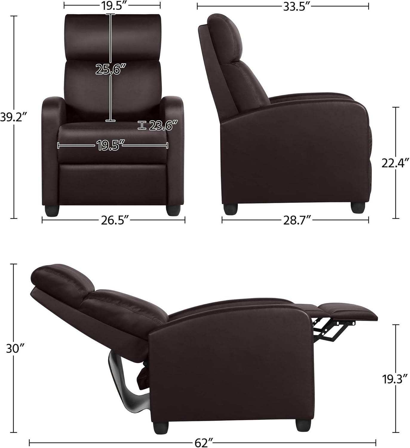 Yaheetech Recliner Chair Faux Leather Recliner Sofa Adjustable Modern Seat Club Chair Home Theater Seating Brown