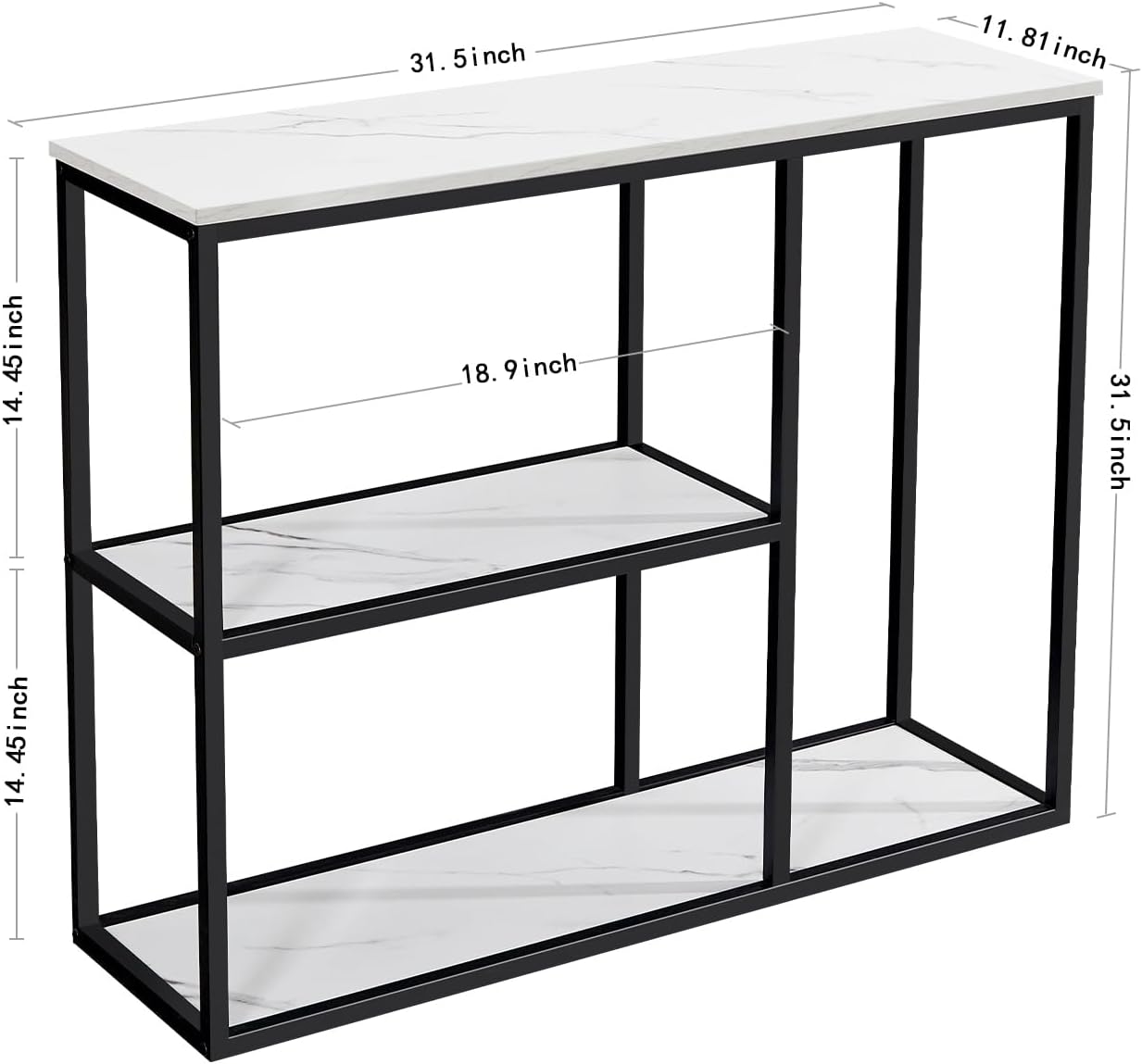 WOHOMO Console Table, 12 Inch Narrow Entryway Table for Living Room, 31.5 Inch Modern Industrial Sofa Table with 3-Tier Storage Shelves for Corridor, Hallway, White Marble