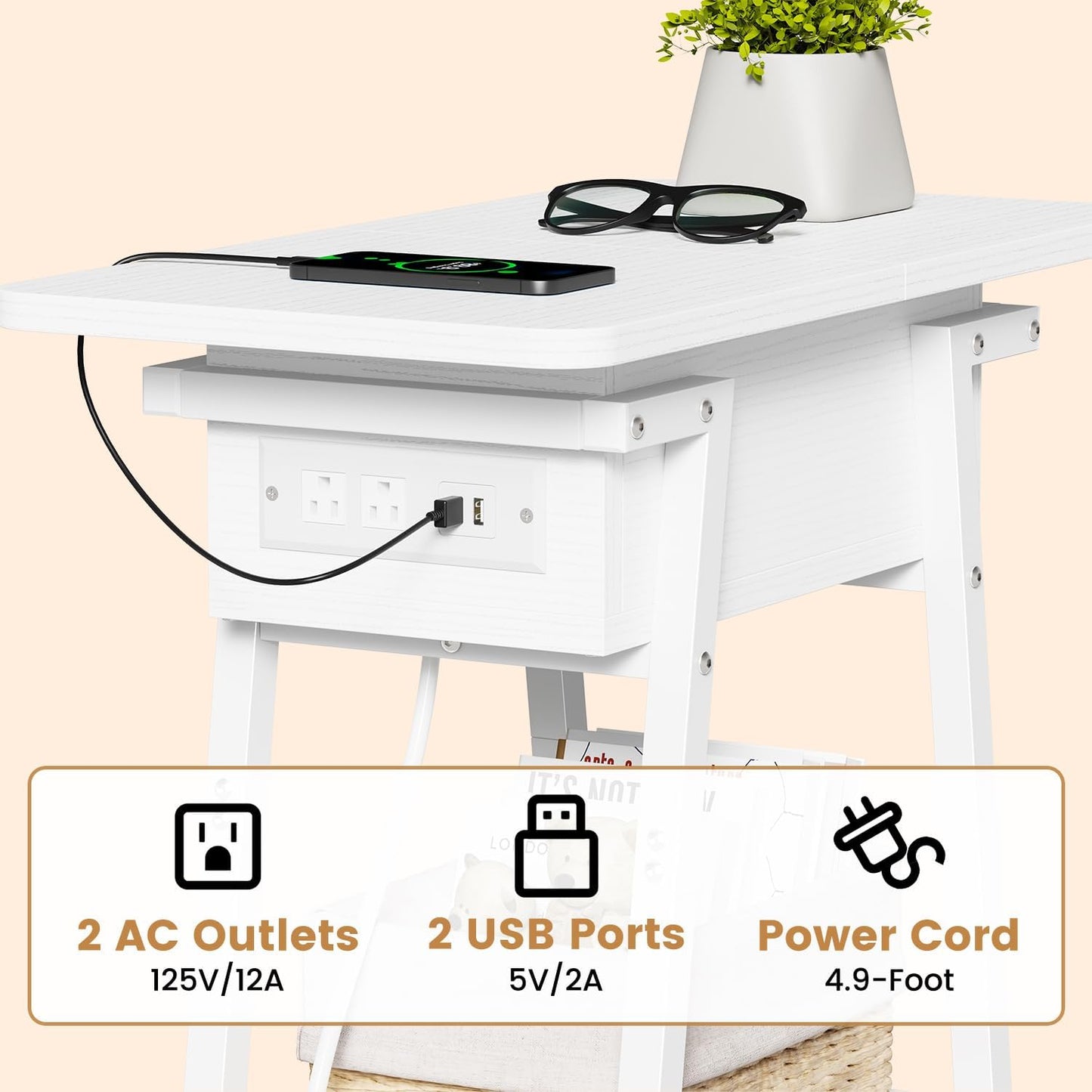 End Table with Charging Station, Flip Top Side Table with USB Ports and Outlets, Bedside Tables for Small Spaces,Nightstand with Storage Shelf for Living Room, Bedroom, White