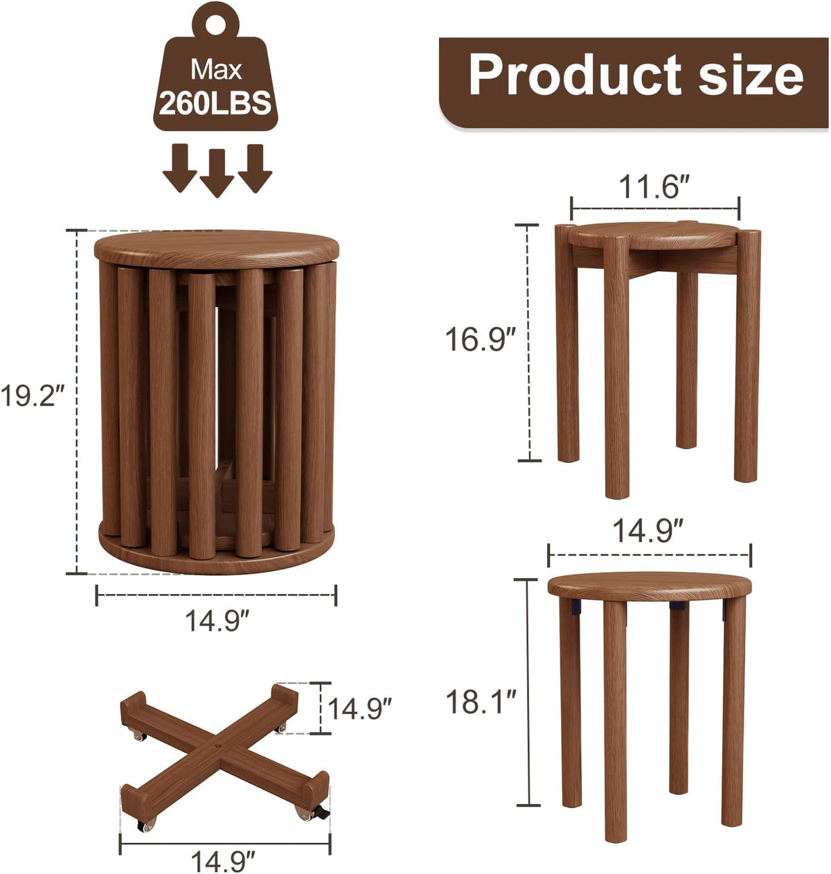 Stackable Stools Set of 4, Wooden Stool 18 Inch Stool Stackable Side Tables Nesting Table Sturdy and Durable, No Installation Required for End Table,Top Stackable Round Stools (Walnut Mobile)