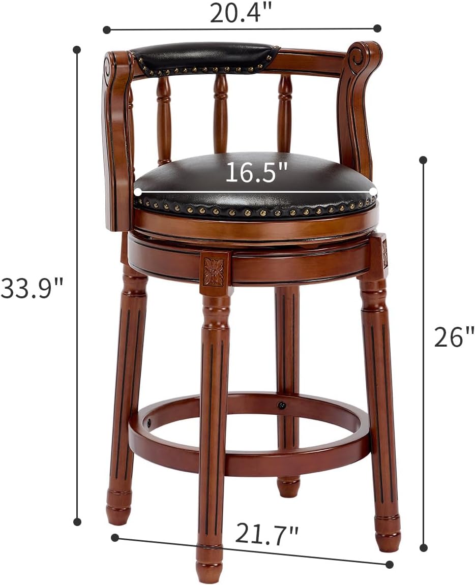 Cow top Leather Wooden Bar Stools, 360 Degree Swivel Bar Height Chair with Backs for Home Kitchen Counter, Morden Chair Barstools (Black, Counter Height-Seat Height 26”)