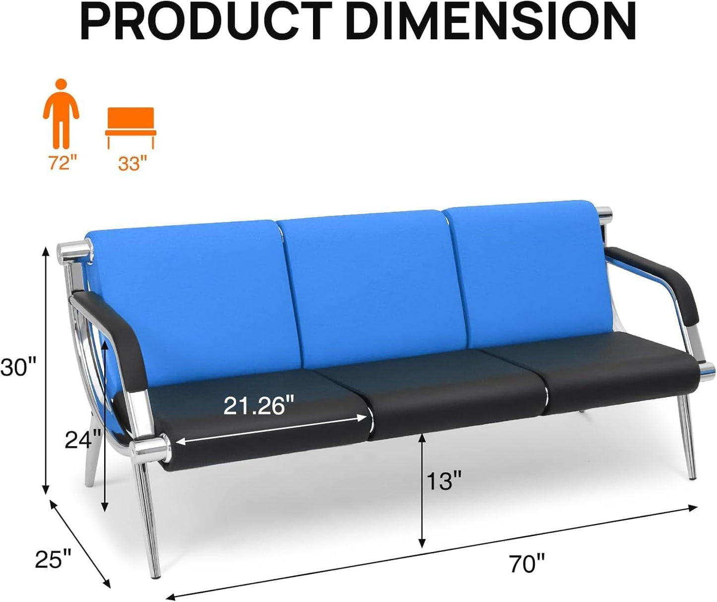 wonline 3 Seat Waiting Room Chair with Armrest PU Leather Office Furniture, Office Guest Seating Lobby Conference Reception Chairs for Airport Clinic Hospital Bank Salon Barber(Blue&Black)