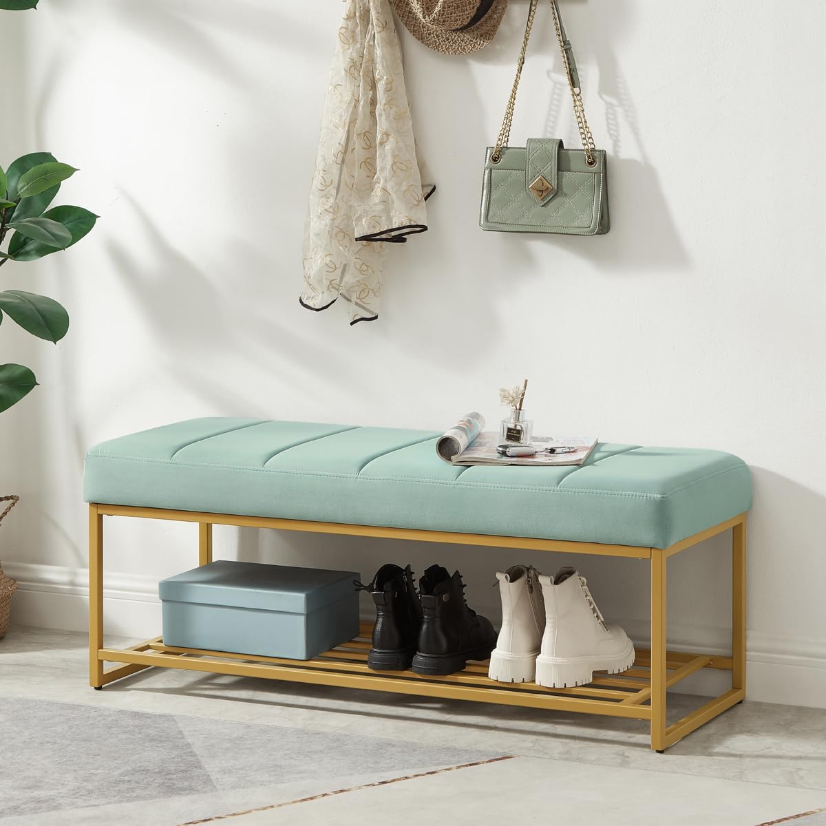 24KF Seaglass Velvet Upholstered End of Bed Bench with Metal Shelf, Modern Tufted Channel Entryway Bench Footboard Bench for Living Room, Bedroom, Gold Bench,5036-Seagalss