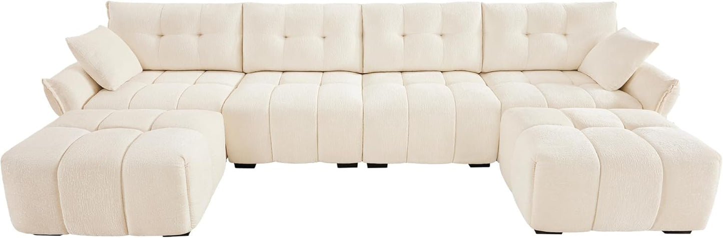 Modern Chenille Fabric 4-Seat Sofa w/Two Ottoman+2 Pillows, Premium Upholstery Living Room Couch with Tufted Backrest & Comfortable Armrests and High-Resilience Memory Foam Cushions,White