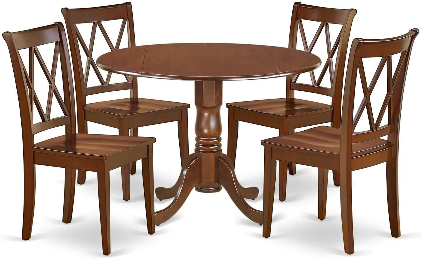East West Furniture DLCL5-MAH-W 5 Piece Dining Room Table Set Includes a Round Dining Table with Dropleaf and 4 Wood Seat Chairs, 42x42 Inch, Mahogany