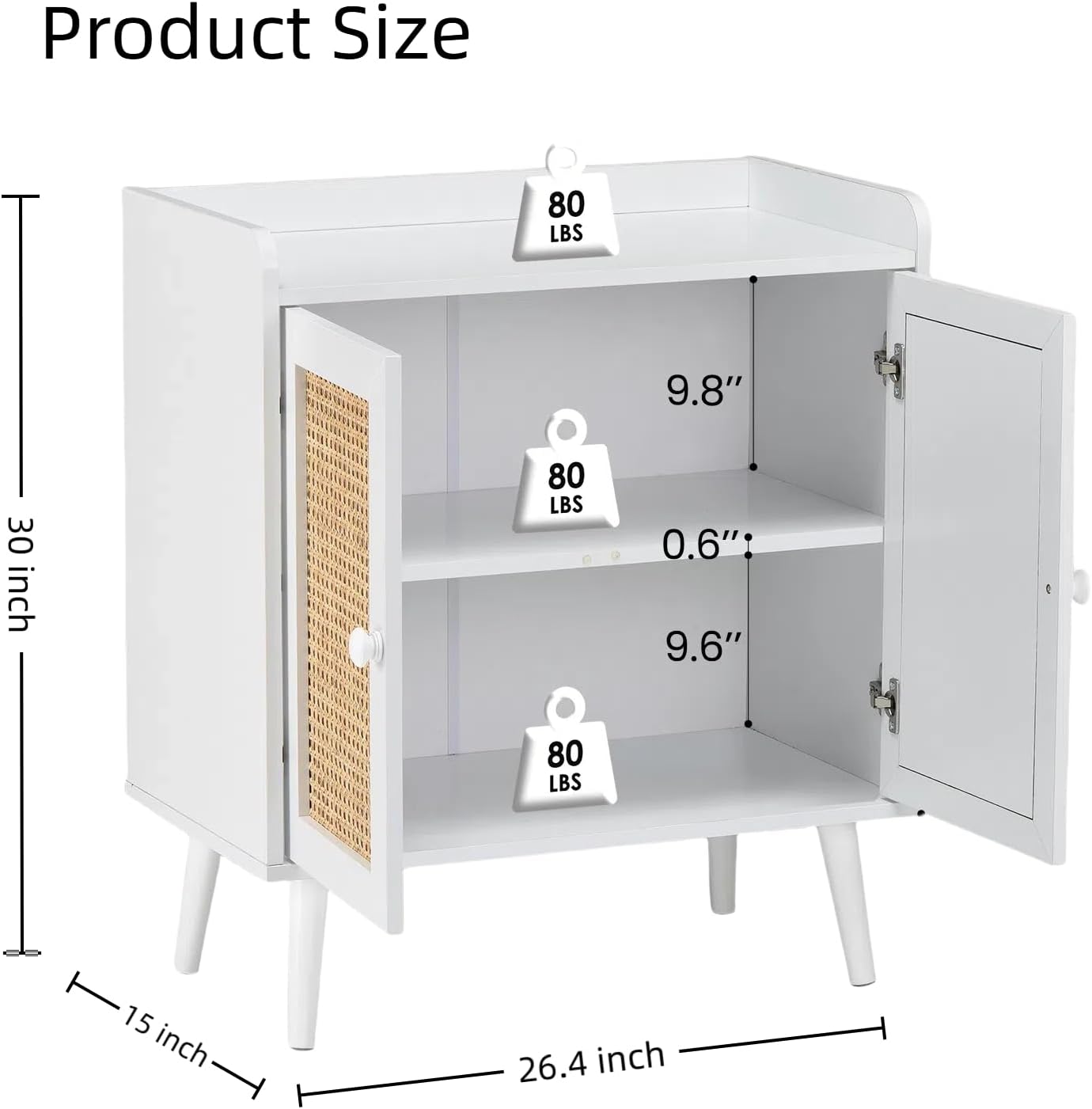 Buffet Cabinet, Rattan Storage Cabinet with Round Pull Rings, Sideboard with Ample Storage, Bar Liquor Shelf with 2 Doors for Living Room, Hallway, White
