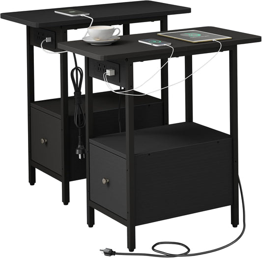 LIDYUK End Table with Charging Station, Narrow Side Table with Drawer and USB Ports & Power Outlets, Nightstand Bedside Tables for Small Spaces, Bedroom, Living Room, Black, Set of 2