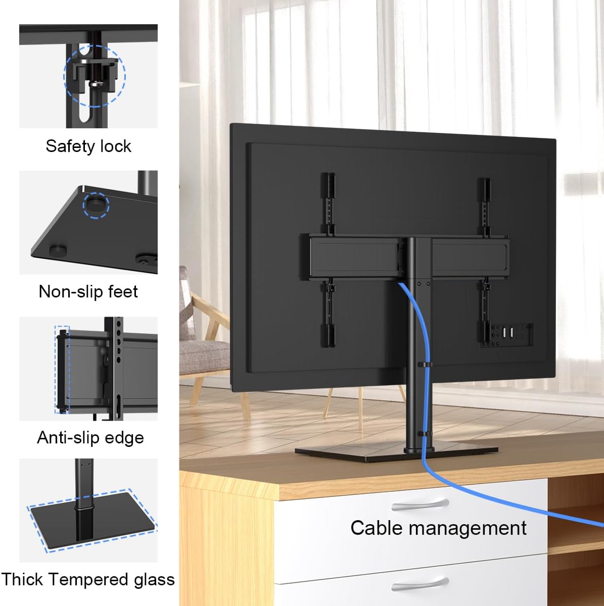 Suptek Reinforced Universal TV Stand for Large TVs in 37-75 inch, Upgraded Height Adjustment Table Top Tall TV Stand Mount, Heavy Duty TV Replacement Stand with Tempered Glass Base Up to 99lbs, TS203