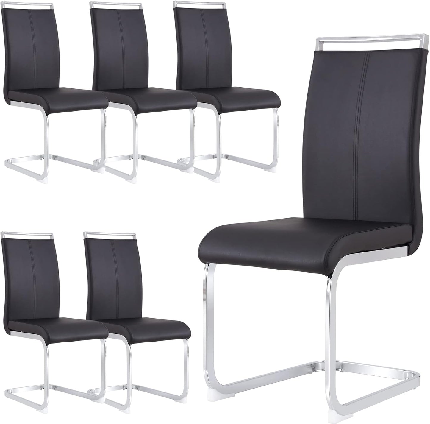 Dining Chairs Set, Kitchen Modern Metal Chairs with Faux Leather Padded Seat High Back and Sturdy Chrome Legs, Chairs for Dining Room (Black, Set of 6)