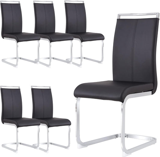 Dining Chairs Set, Kitchen Modern Metal Chairs with Faux Leather Padded Seat High Back and Sturdy Chrome Legs, Chairs for Dining Room (Black, Set of 6)
