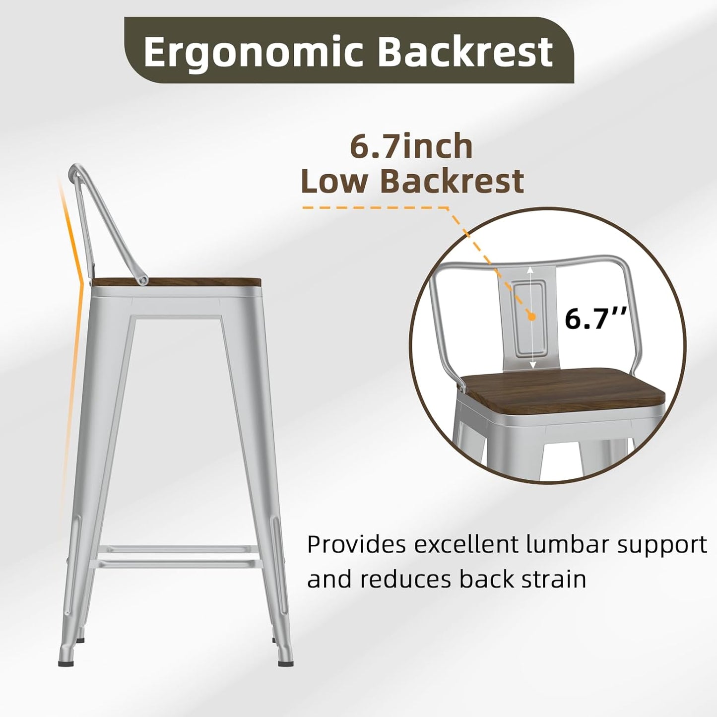 24 Inch Swivel Bar Stools Set of 4, Counter Height Bar Stools with Low Back, Metal Industrial Bar Chairs for Kitchen Island (Silver)