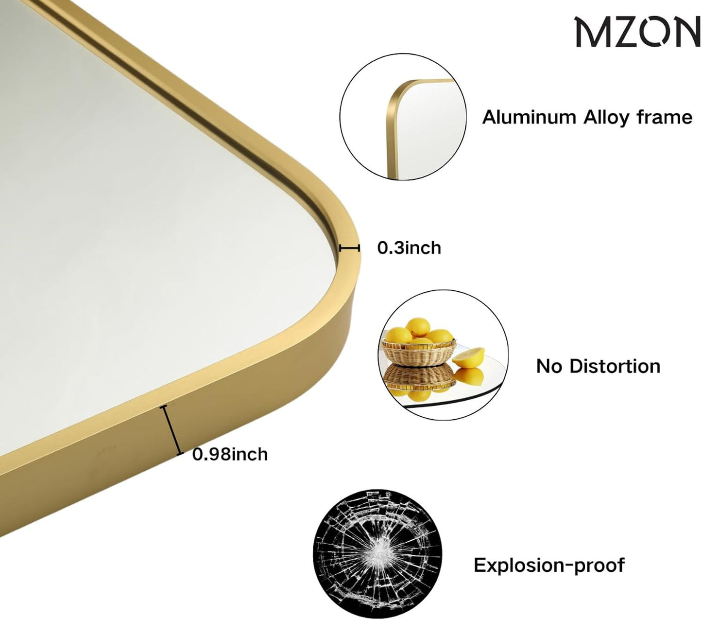 MZON 24x36 Inch Gold Bathroom Mirror – Brushed Gold Rectangular Vanity Mirror, Wall-Mounted, Anti-Rust Metal Frame, Tempered Glass, Vertical & Horizontal Hanging