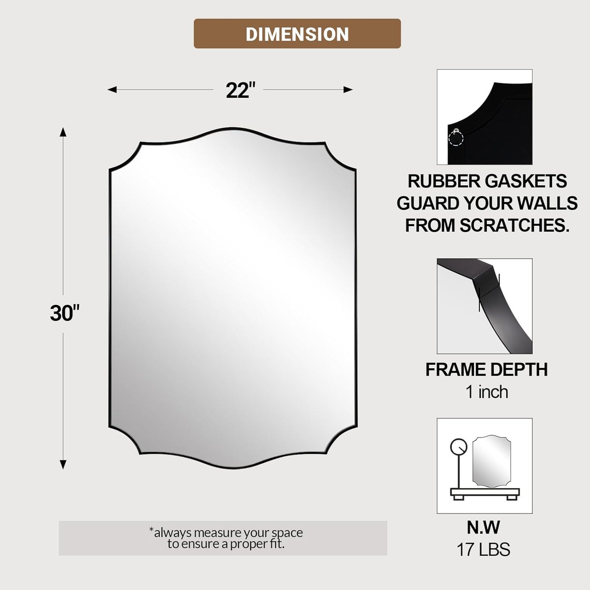 ANDY STAR Black Bathroom Vanity Mirror, 22x30 Irregular Wall Mirror, Scalloped Wall Mirror in Stainless Steel Metal Frame, Asymmetrical Mirror for Bathroom, Bedroom, Living Room, Mantel