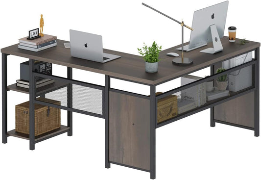 FATORRI L Shaped Desk, Industrial Reversible Home Office Computer Desk with Wood Shelves, Corner Desks with Metal Legs (Walnut Brown, 59 Inch)