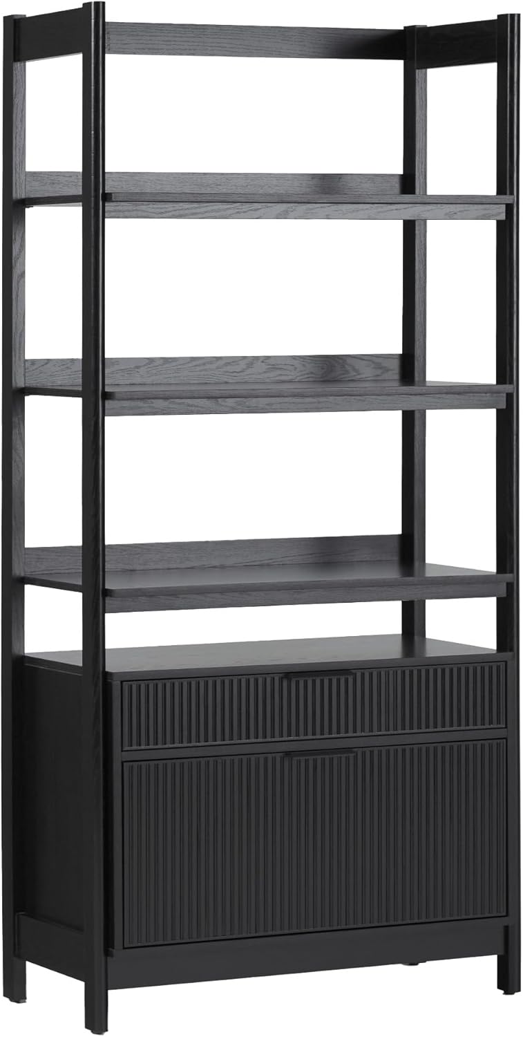 Walker Edison Transitional Open Reeded 4-Shelf Bookshelf with Drawers Versatile Bookcase with Bottom Storage for Home Office, Living Room, Bedroom, 33 Inch, Black