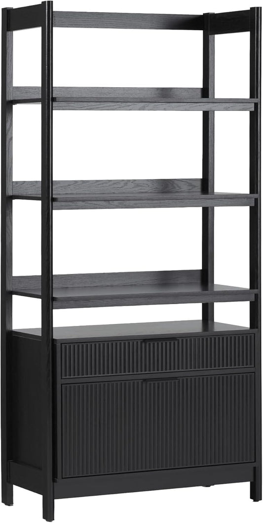 Walker Edison Transitional Open Reeded 4-Shelf Bookshelf with Drawers Versatile Bookcase with Bottom Storage for Home Office, Living Room, Bedroom, 33 Inch, Black