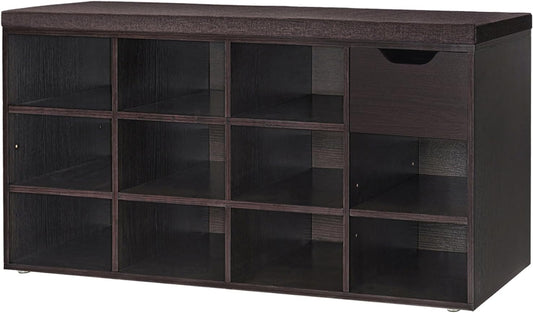 DINZI LVJ Shoe Bench, Entryway Storage Bench with Drawer and 11 Cubbies, Cubby Shoe Rack with Adjustable Shelves, Shoe Organizer Cabinet for Living Room, Bedroom, Mudroom, Closet and Garage, Espresso