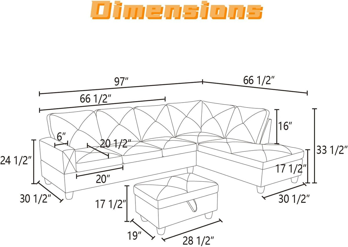L Shaped Sectional Couch with Otttoman, 97" Leather Sectional Sofa for Living Room Modular Couches with Cup Holders for Bedroom, Apartments, Dark Grey