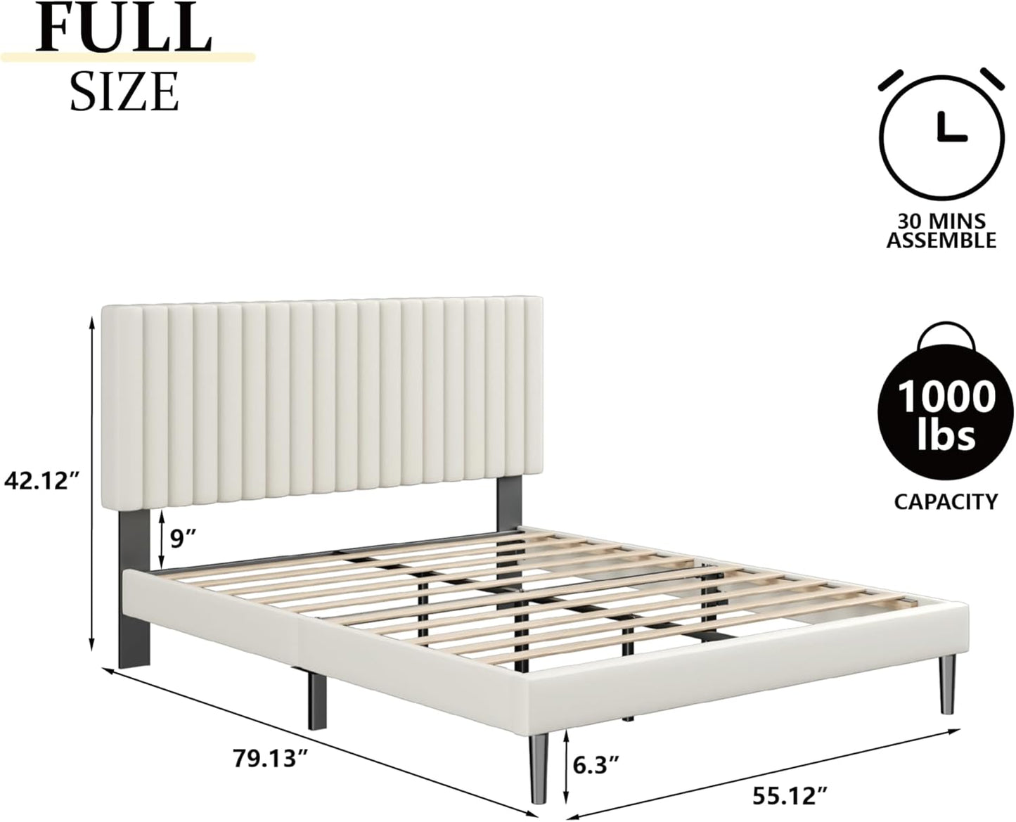 Full Size Bed Frame with Velvet Upholstered Headboard, Platform Bed with Strong Wood Slats, Mattress Foundation, Box Spring Optional, Easy Assembly, Beige