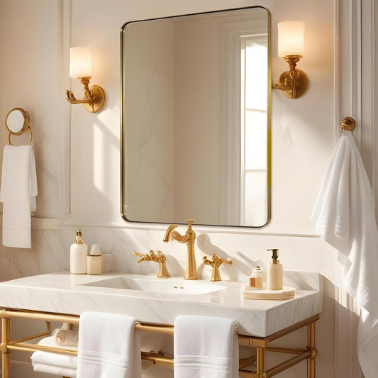 Brushed Gold Mirror 30"x36", Wall Mirror for Bathroom Vanity in Anti-Rust Metal Frame, Modern Rectangle Mirrors for Wall, Rounded Corners, Shatter-Proof, Hangs Horizontal/Vertical
