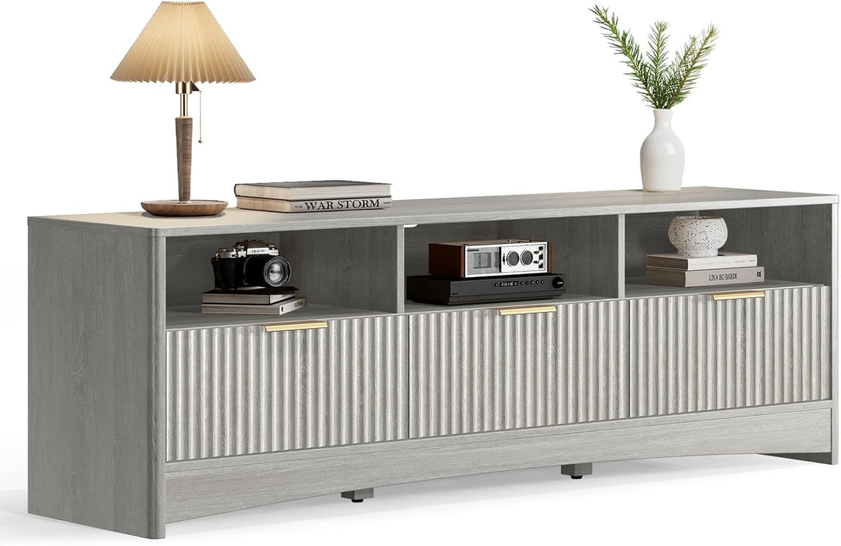 Marsail 59″ Wide TV Stand for TVs Up to 65″, Modern Entertainment Center with Fluted Panels, 3 Easy-Sliding Drawers, Open Shelves & Cable Hole, Sturdy 3-Tier TV Stands for Living Room & Bedroom, Grey