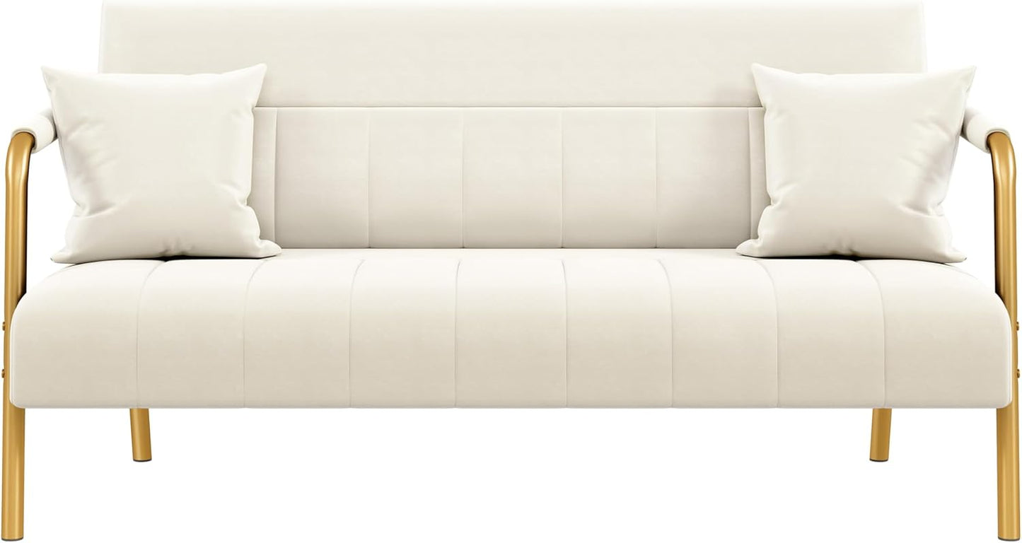 Yaheetech 56.5" W Modern Loveseat 2 Seater Sofa Luxurious Velvet Fabric Couch with Gold-Tone Metal Arms and Legs for Living Room, Home Office, Studio Beige