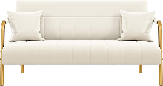 Yaheetech 56.5" W Modern Loveseat 2 Seater Sofa Luxurious Velvet Fabric Couch with Gold-Tone Metal Arms and Legs for Living Room, Home Office, Studio Beige