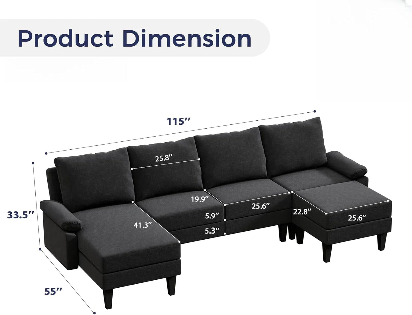 115 Inch U Shaped Sectional Couch with Chaise, 5-Seat Sofa with Moveable Ottoman, Modern Modular Sofa for Living Room, Apartment, Black