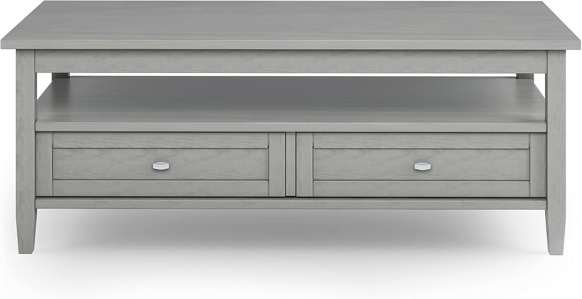 SIMPLIHOME Warm Shaker Coffee Table - 48 inch Wide Solid Wood Cocktail Table in Fog Grey, Transitional Living Room Table with 2 Storage Drawers and Open Shelf for Sitting Area or Lounge