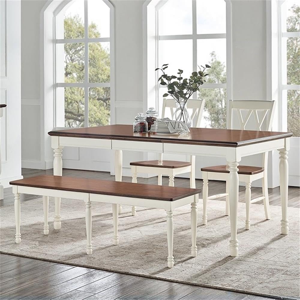 Crosley Furniture Shelby 4-Piece Traditional Dining Table Set for 5 with 2 Chairs and a Wood Bench, Distressed White