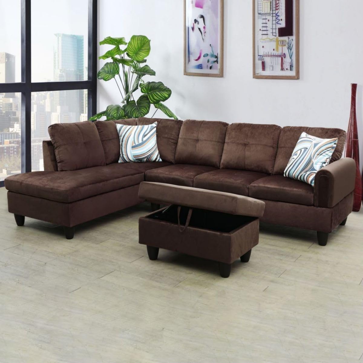 Chocolate L-Shaped 3-Piece Flannel Sofa with Storage Ottoman Set, Sectional Couch Sofa Set for Living Room, Office, Small Space