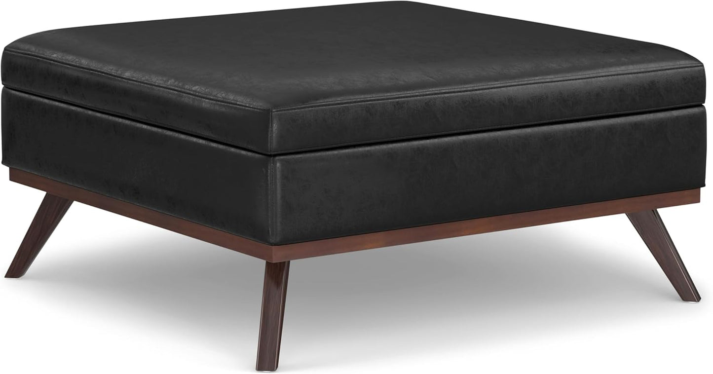 SIMPLIHOME Owen 40 inch Wide Mid Century Modern Square XL Coffee Table Storage Ottoman in Distressed Black Vegan Faux Leather, Assembled, for The Living Room, Entryway and Family Room