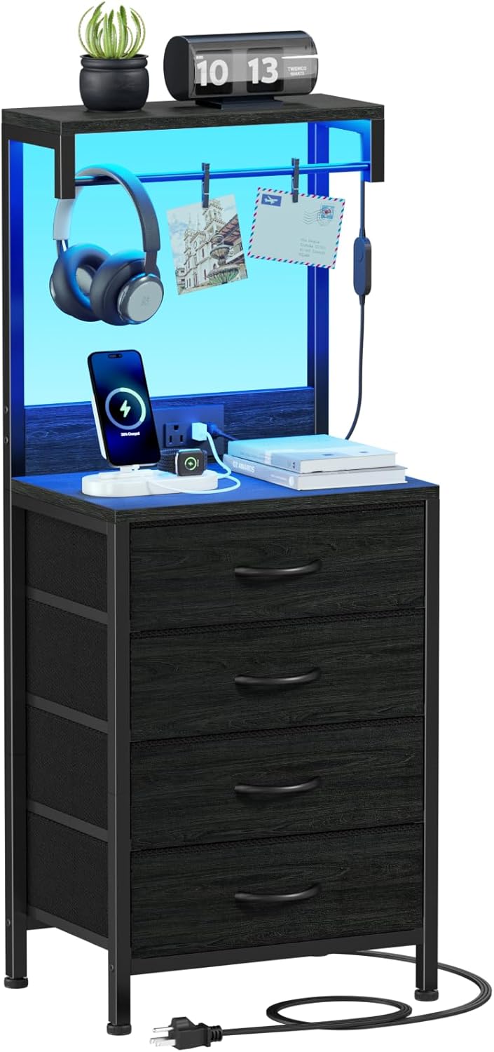 Furnulem Tall Nightstand with Charging Station, Night Stands with LED Lights and Storage Shelves, Bed Side Table for Bedroom, Hallway, Office, 4 Fabric Drawers (Black Oak)