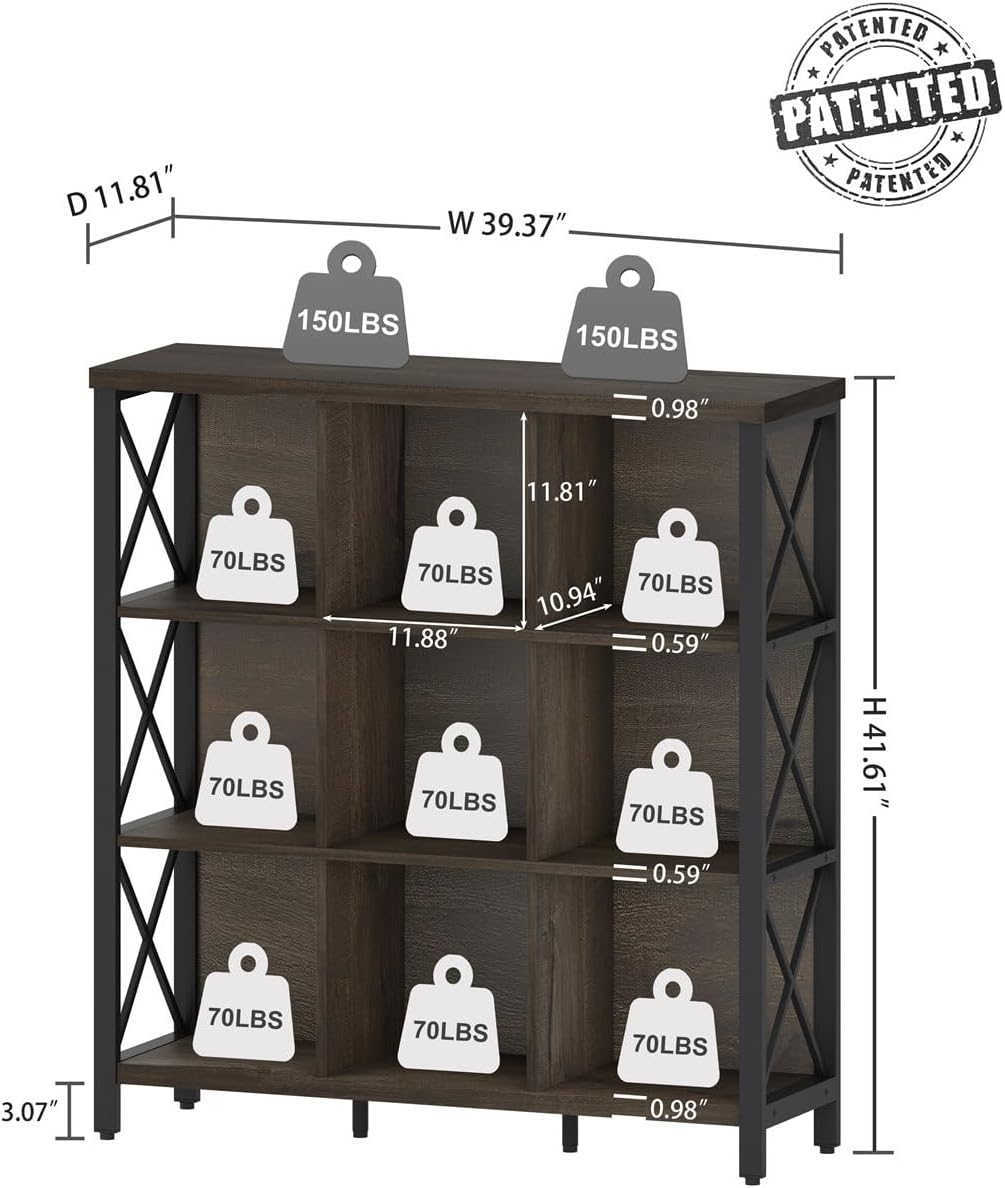 FATORRI 9 Cube Storage Bookshelf, Modern 4 Shelf Book Shelf, Wood and Metal Cubby Bookcase for Home Office (39.38 Inch W, Walnut Brown)